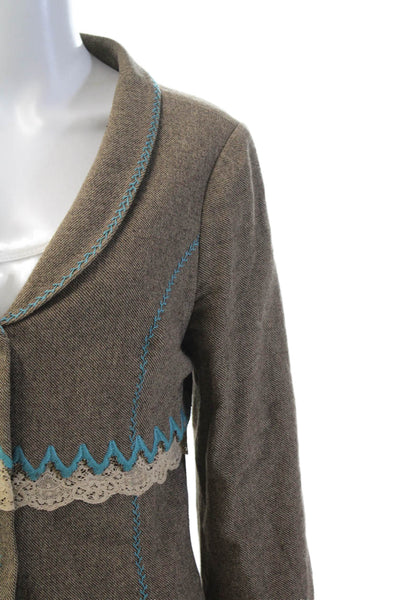 Tibi Womens Embroidered Button Down Jacket Brown Blue Wool Blend Size 12
