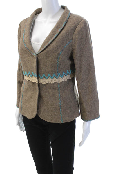 Tibi Womens Embroidered Button Down Jacket Brown Blue Wool Blend Size 12
