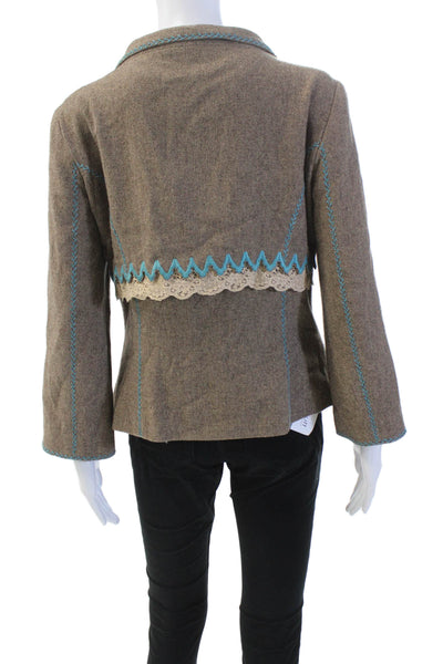 Tibi Womens Embroidered Button Down Jacket Brown Blue Wool Blend Size 12