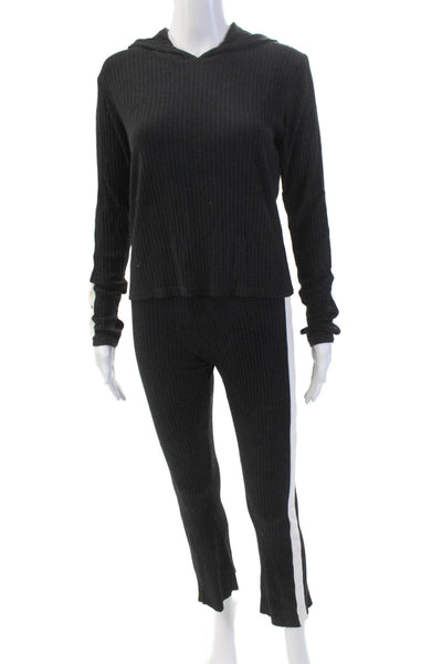 Cale Womens Cotton Ribbed Knit Stripe Hood Casual Top Pants Set Black Size L