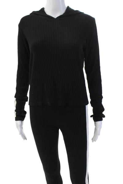 Cale Womens Cotton Ribbed Knit Stripe Hood Casual Top Pants Set Black Size L