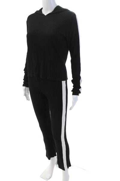 Cale Womens Cotton Ribbed Knit Stripe Hood Casual Top Pants Set Black Size L