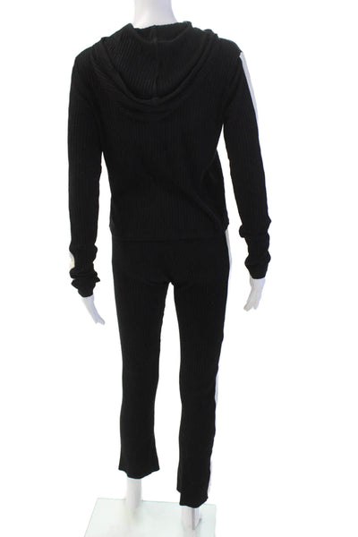 Cale Womens Cotton Ribbed Knit Stripe Hood Casual Top Pants Set Black Size L