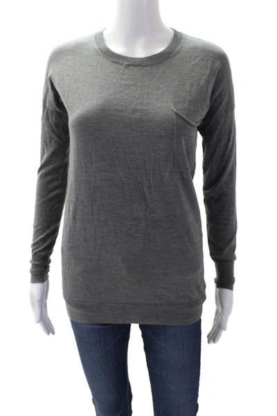Theory Womens Cotton Crew Neck Pocket Detail Long Sleeve Knit Top Gray Size P