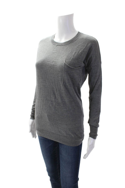 Theory Womens Cotton Crew Neck Pocket Detail Long Sleeve Knit Top Gray Size P