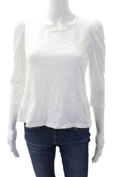 ALC Womens Cotton Crew Neck Gathered Shoulder Blouse Solid White Size XS