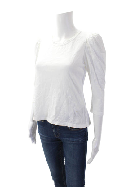 ALC Womens Cotton Crew Neck Gathered Shoulder Blouse Solid White Size XS