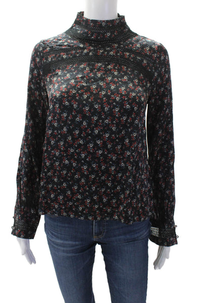 Intermix Womens Silk Floral Print Mesh Panel High Neck Blouse Black Size 0
