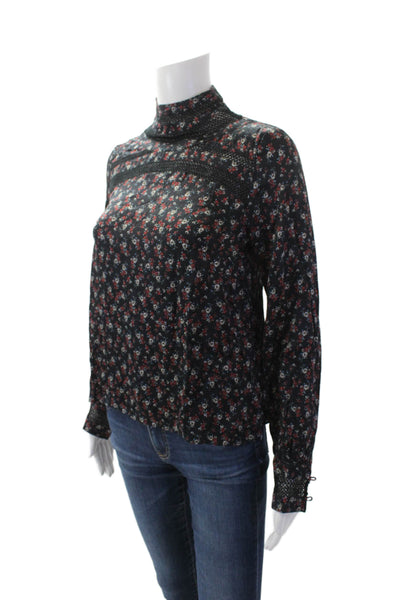 Intermix Womens Silk Floral Print Mesh Panel High Neck Blouse Black Size 0