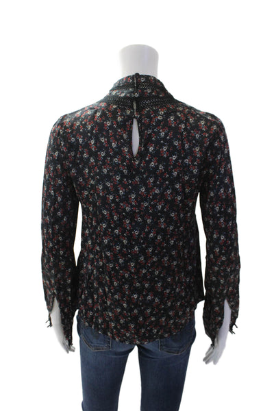 Intermix Womens Silk Floral Print Mesh Panel High Neck Blouse Black Size 0