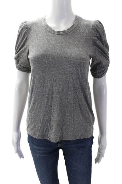 ALC Womens Cotton Crew Neck Rouched Short Sleeve Detail Top Gray Size XS