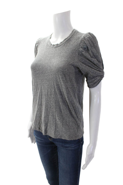 ALC Womens Cotton Crew Neck Rouched Short Sleeve Detail Top Gray Size XS