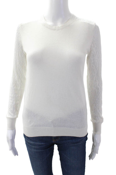 Theory Womens Cotton Crew Neck Sheer Burnout Sleeve Detail Top White Size P