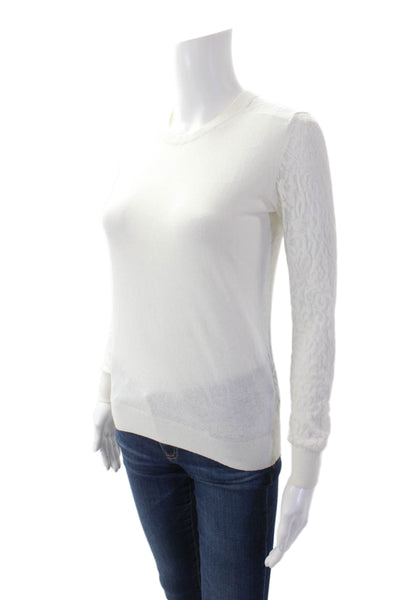 Theory Womens Cotton Crew Neck Sheer Burnout Sleeve Detail Top White Size P