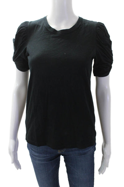 ALC Womens Cotton Crew Neck Short Ruched Sleeve Detail T-Shirt Black Size XS