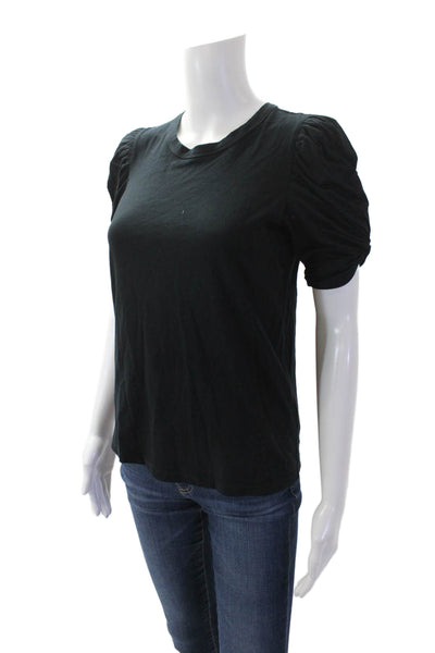 ALC Womens Cotton Crew Neck Short Ruched Sleeve Detail T-Shirt Black Size XS