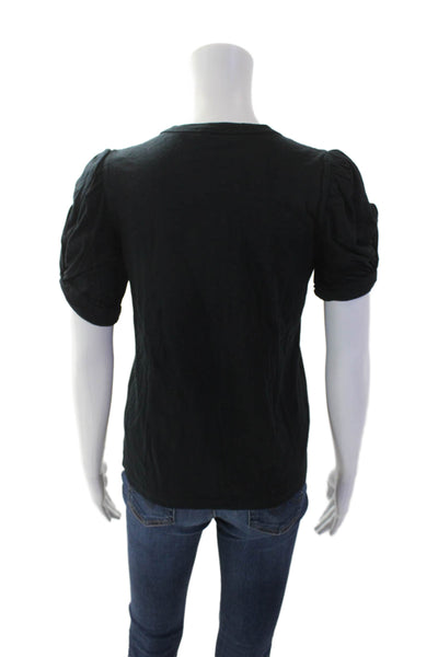 ALC Womens Cotton Crew Neck Short Ruched Sleeve Detail T-Shirt Black Size XS