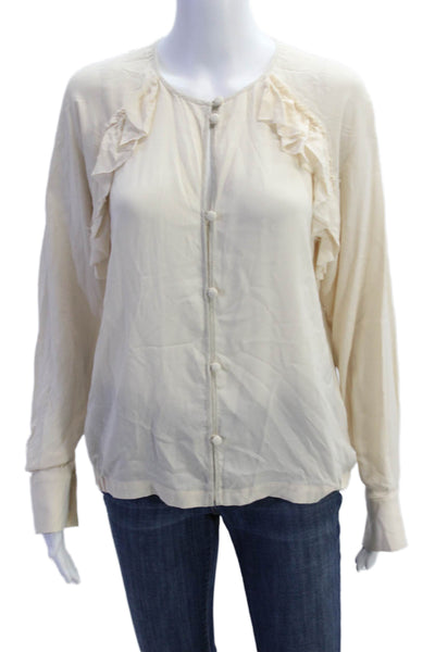 Foundre Womens Silk Ruffled Button Down Long Sleeves Blouse Beige Size 8