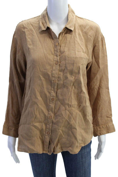 Stateside Womens Linen Collared Button Cuff Long Sleeve Blouse Top Brown Size XS