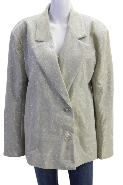 Designer Womens Glitter Metallic Double Breasted Buttoned Blazer Silver Size M