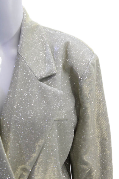 Designer Womens Glitter Metallic Double Breasted Buttoned Blazer Silver Size M