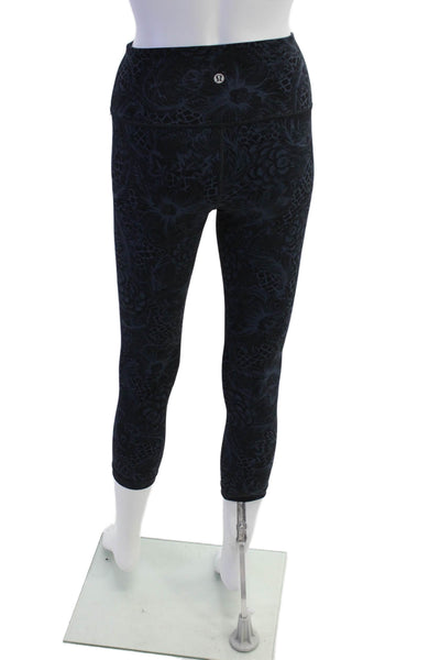 Lululemon Womens Floral Print Athletic High Waisted Leggings Navy Blue Size 4