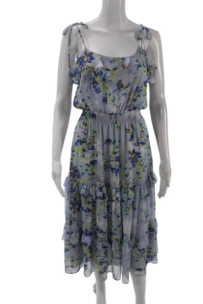 Misa Womens Floral Print Smocked Waist Ruffle Trim Maxi Dress Blue Size XS