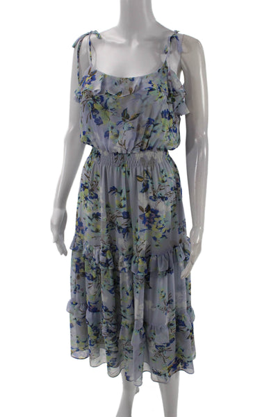 Misa Womens Floral Print Smocked Waist Ruffle Trim Maxi Dress Blue Size XS