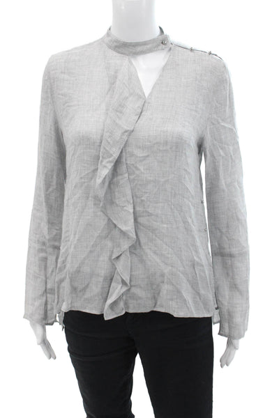 10 Crosby Derek Lam Womens Studded Buttoned Keyhole Mock Neck Blouse Gray Size 2