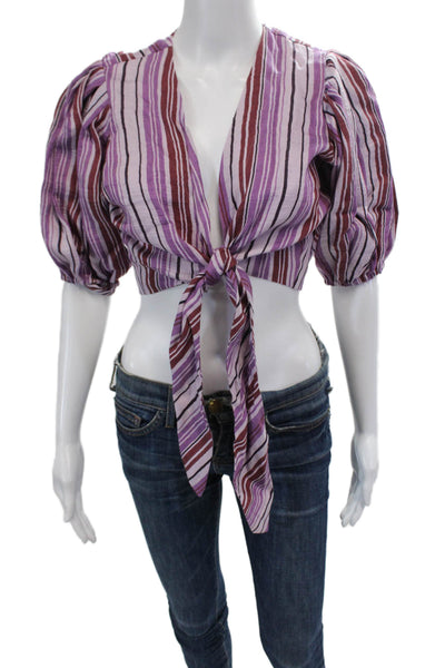Lisa Marie Fernandez Womens Pouf Tie Blouse - Blueberry Striped Linen Size 3