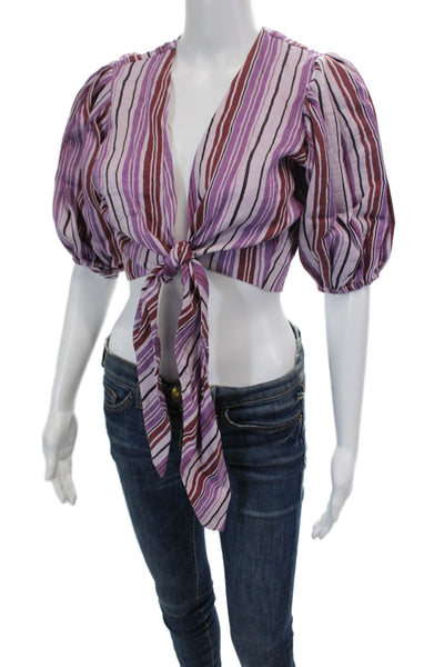 Lisa Marie Fernandez Womens Pouf Tie Blouse - Blueberry Striped Linen Size 3