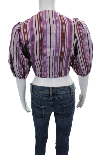 Lisa Marie Fernandez Womens Pouf Tie Blouse - Blueberry Striped Linen Size 3