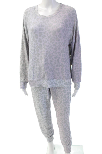 Sundry Womens Animal Print Pullover Long Sleeve Lounge Set Purple Size 1
