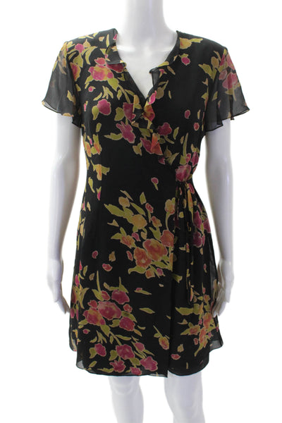 Kay Unger Women's V-Neck Short Sleeves Ruffle Wrap Mini Dress Floral Size 4