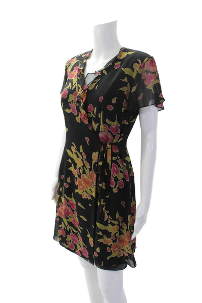 Kay Unger Women's V-Neck Short Sleeves Ruffle Wrap Mini Dress Floral Size 4