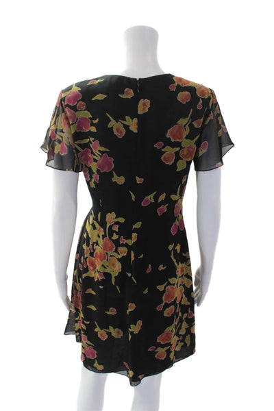 Kay Unger Women's V-Neck Short Sleeves Ruffle Wrap Mini Dress Floral Size 4
