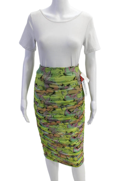 BruceGlen Womens Printed Mesh Ruched Pencil Skirt - Neon Floral Size XS