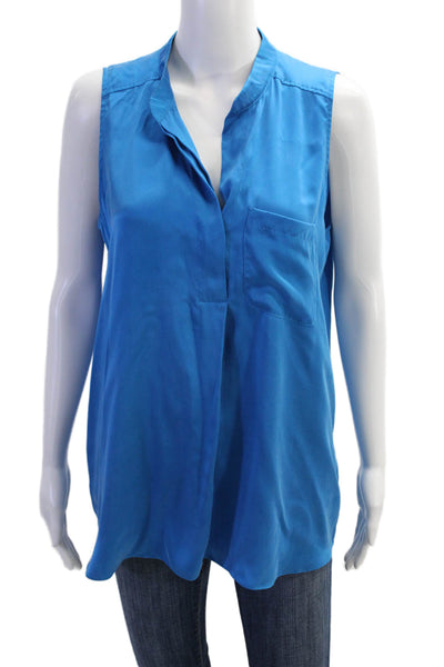 Rebecca Taylor Womens Sleeveless V Neck Silk Pocket Shirt Blue Size 8