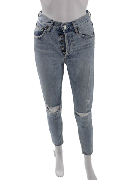 Agolde Womens Cotton Buttoned Distressed Detail Skinny Jeans Blue Size 23