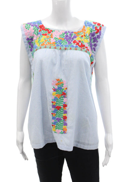 J. Marie Womens Cotton Striped Print Embroidered Sleeveless Blouse Blue Size S