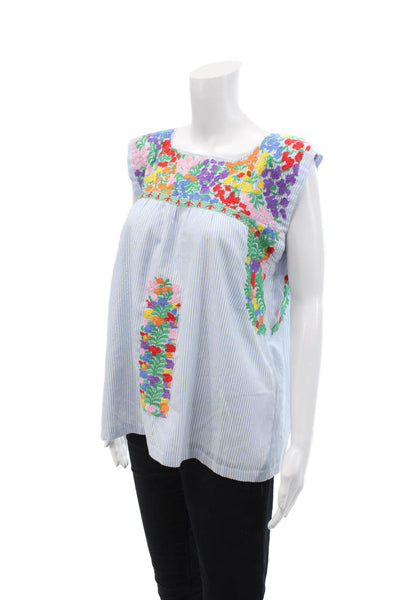 J. Marie Womens Cotton Striped Print Embroidered Sleeveless Blouse Blue Size S