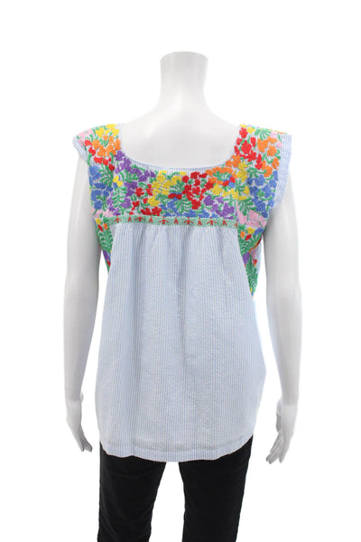 J. Marie Womens Cotton Striped Print Embroidered Sleeveless Blouse Blue Size S