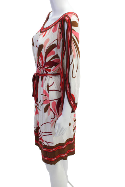 BCBG Max Azria Womens Floral Print Belted Dress White Pink Size Medium