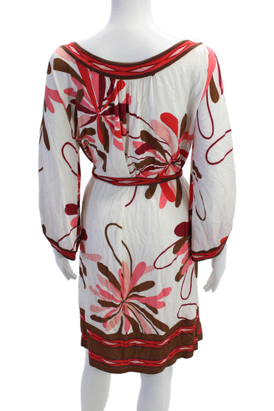BCBG Max Azria Womens Floral Print Belted Dress White Pink Size Medium