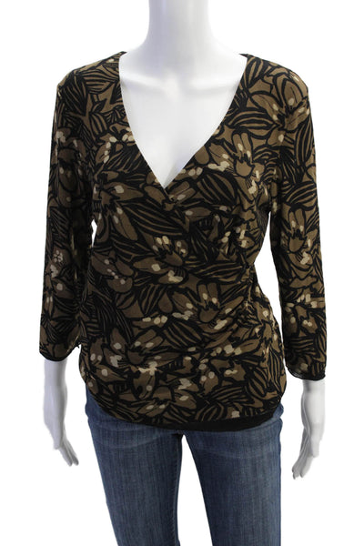 Sigrid Olsen Womens Floral Print Ruched Long Sleeves Blouse Brown Size Large