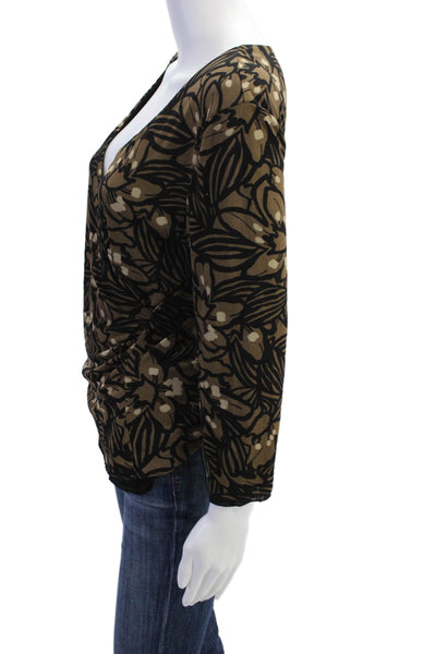 Sigrid Olsen Womens Floral Print Ruched Long Sleeves Blouse Brown Size Large