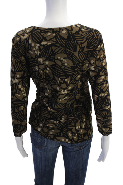 Sigrid Olsen Womens Floral Print Ruched Long Sleeves Blouse Brown Size Large