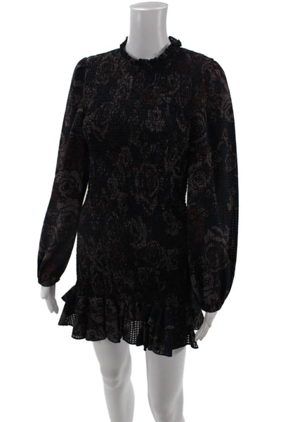 Zara Womens Gingham Floral Print Peasant Sleeve Smocked Mini Dress Blue Size S