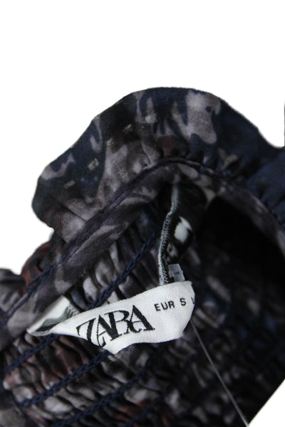 Zara Womens Gingham Floral Print Peasant Sleeve Smocked Mini Dress Blue Size S