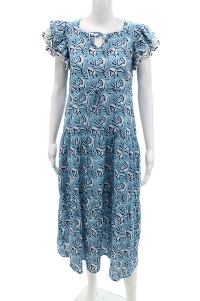 Bindu Womens Cotton Floral Print Cap Sleeve Drawstring Tiered Dress Blue Size S
